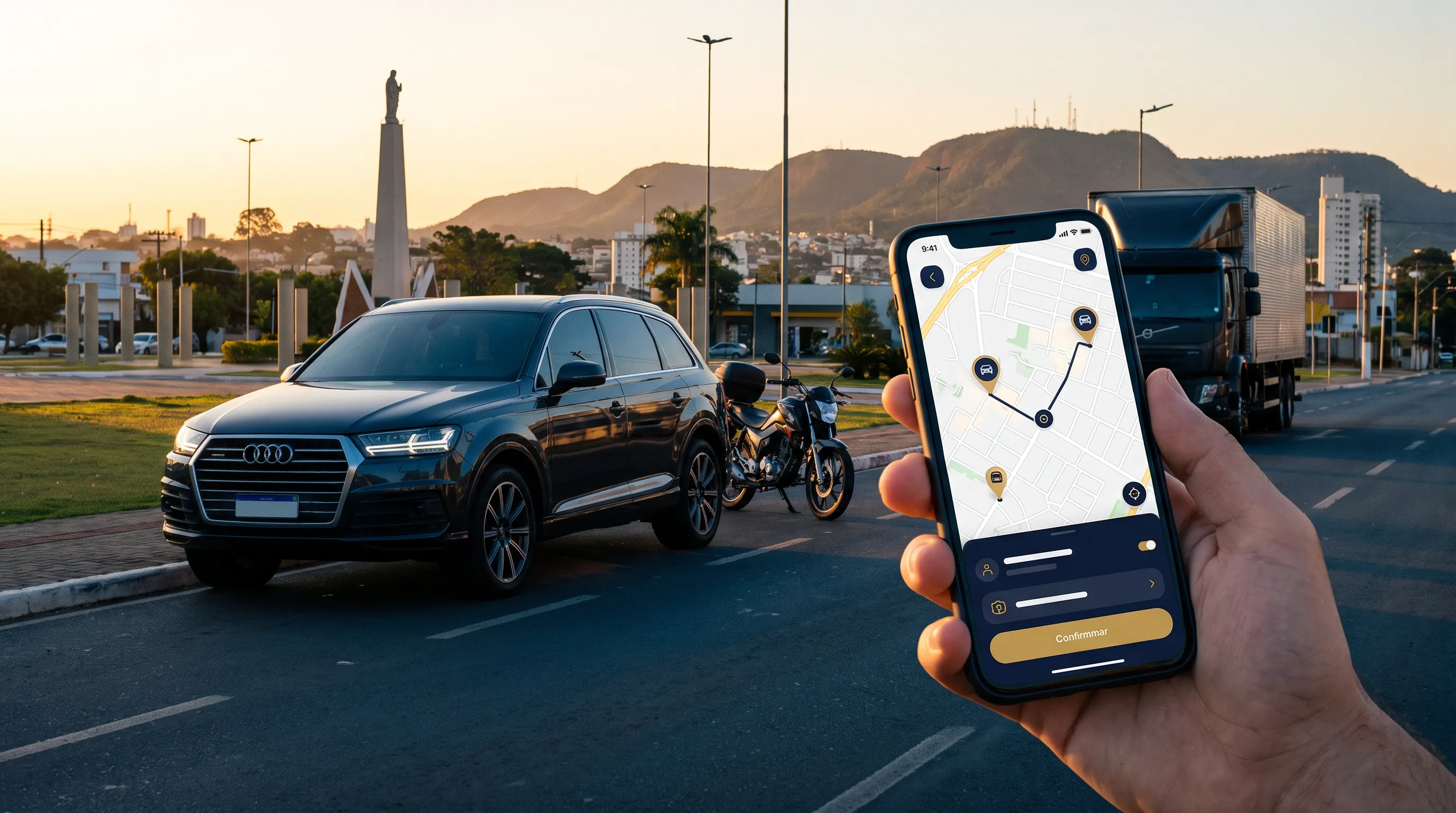 Veículos e tecnologia representando rastreamento veicular em Anápolis